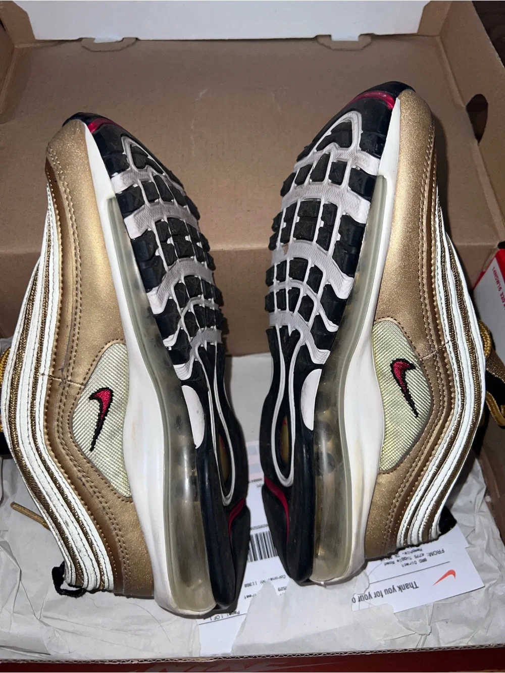 Nike Air Max 97 Gold White Black with Red Swoosh